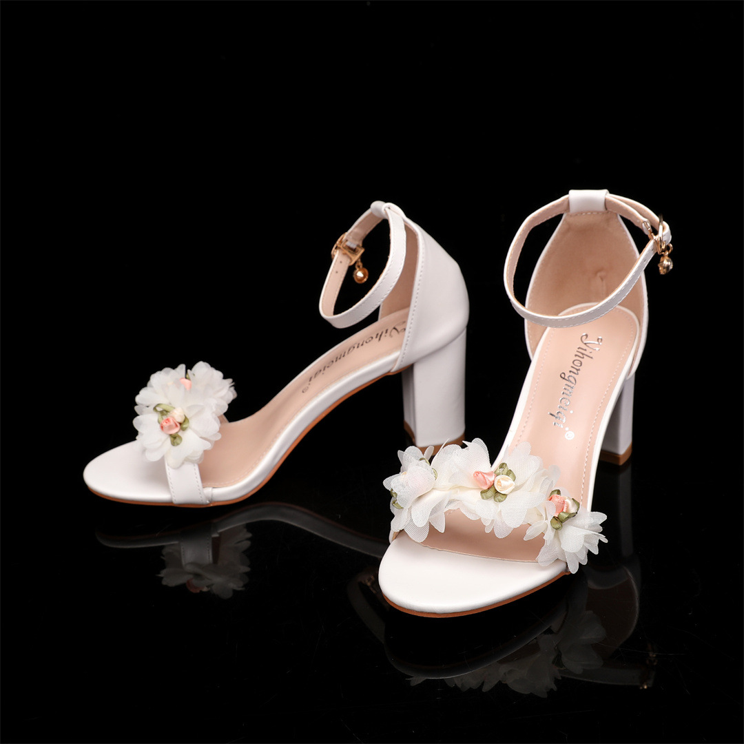 Boho Block Wedding Heels with 3D Flowers