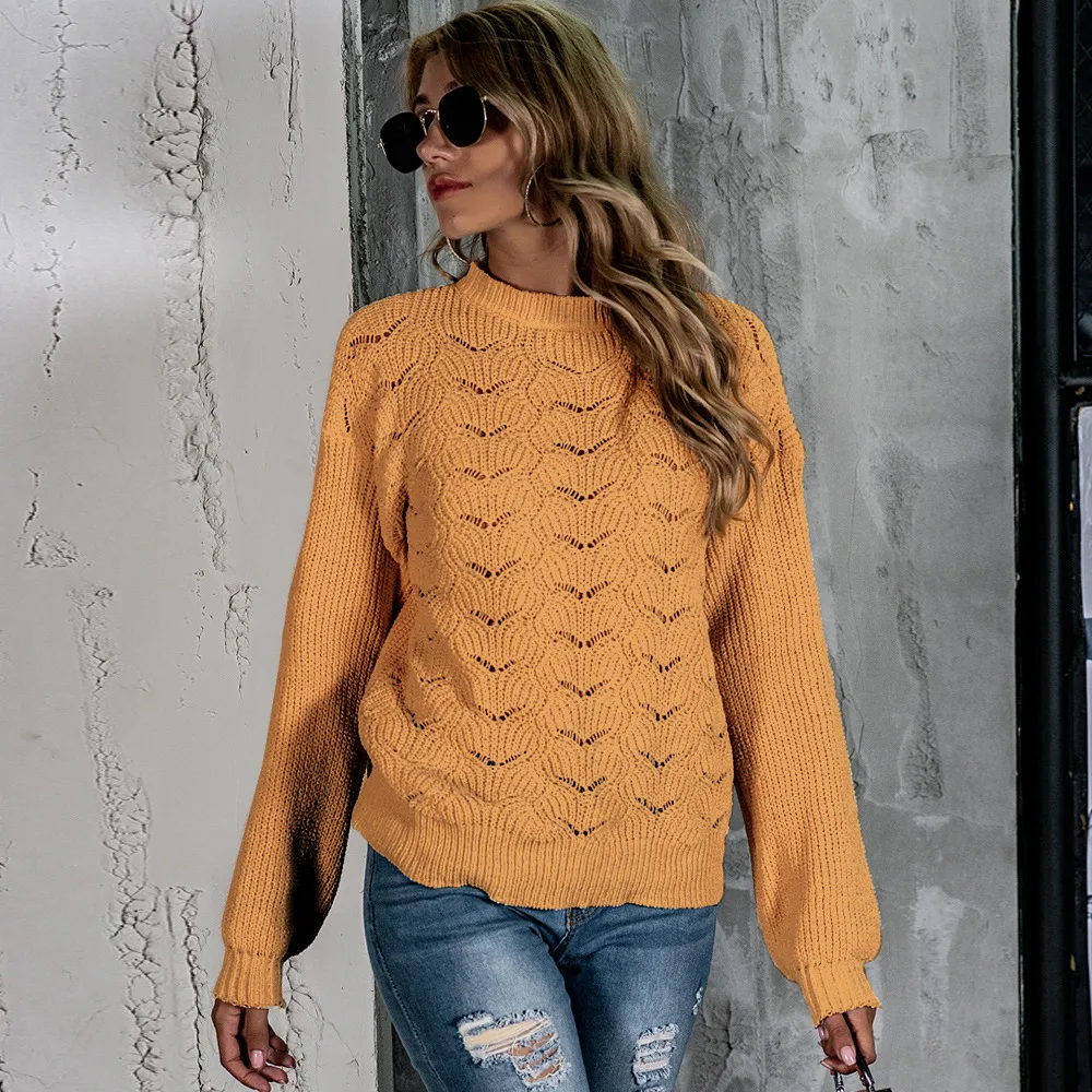 Hollow-out Solid Color Knitted Top - Orange
