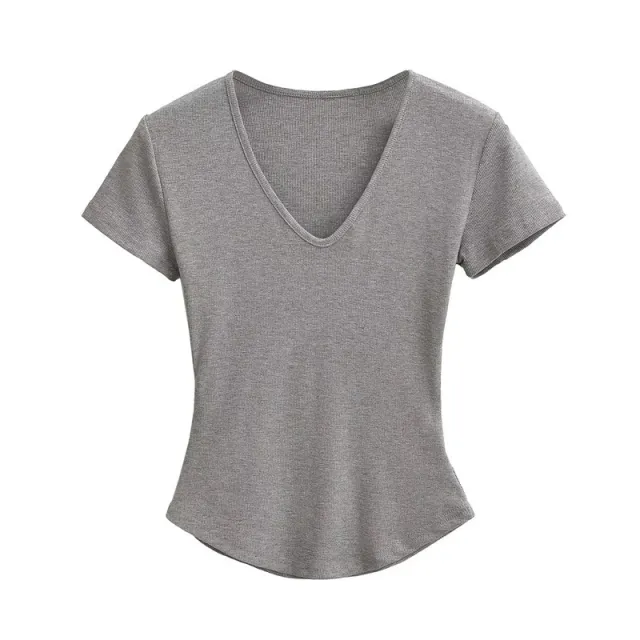 Sweet Cool Solid Color Slim V neck Shoulder Short Sleeve Curved Hem Gray - Shop at LoveMi