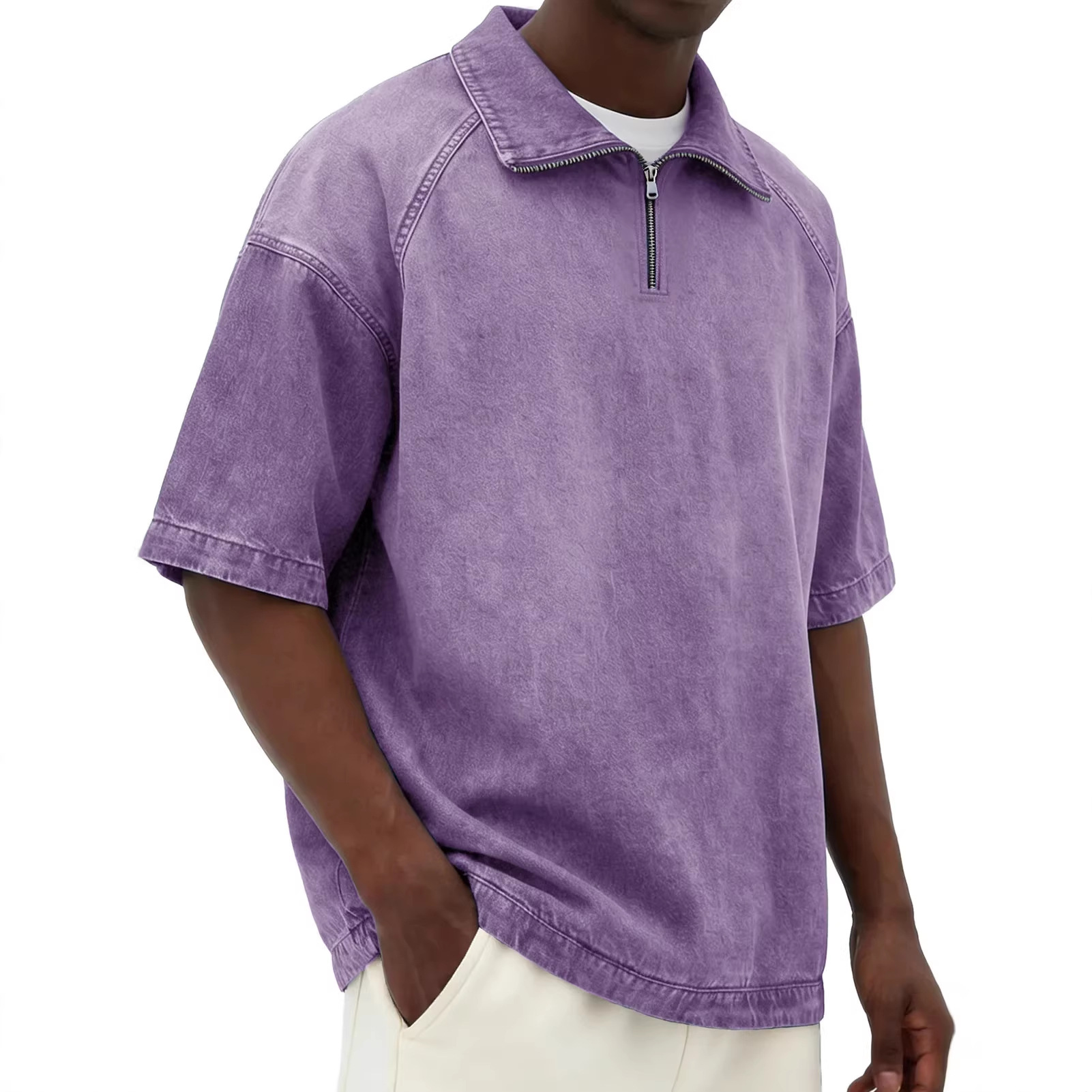 Mens Short-sleeve Lapel Zip-up T-shirt