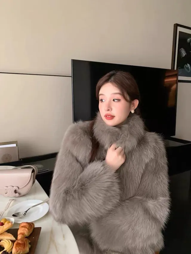 Fashion Stand Collar Furry Coat Women Cocoa Color - Shop at LoveMi
