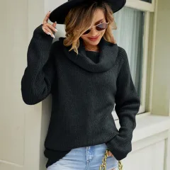Women's Mid-length Sweater Autumn And Winter Loose Sweater Solid Color Polo Collar Pullover Sweater - Black - View 1