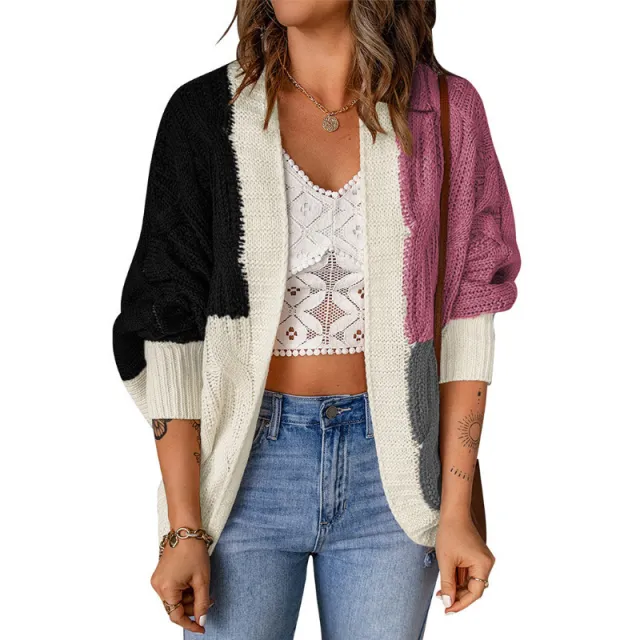 Color Stitching Knitted Cardigan Sweater Outside Black - Shop at LoveMi