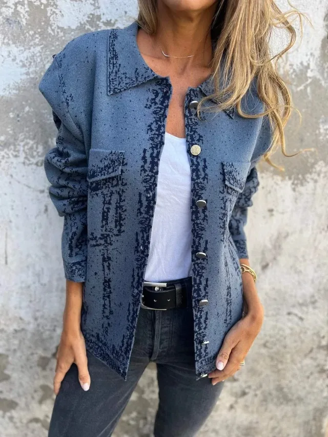Lapel Variegated Metal Buckle Knitted Coat Blue - Shop at LoveMi