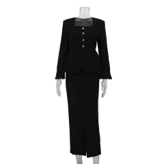 Square Collar Long Sleeve Cardigan Top Package Hip Skirt Two-piece Set - Black - View 1