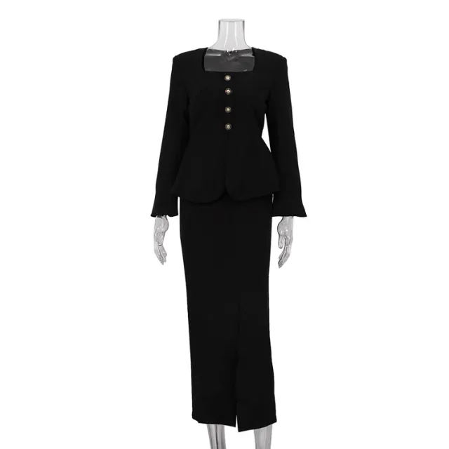 Square Collar Long Sleeve Cardigan Top Package Hip Skirt Two piece Set Black - Shop at LoveMi