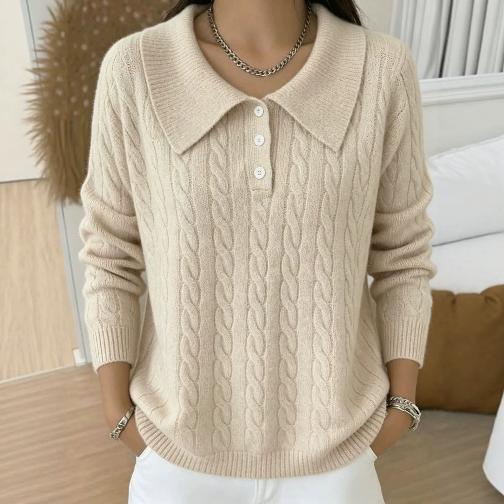 Vintage Solid-Color Pullover Sweater Womens Lazy-Style Half-Neck Jacquard Knitted Top