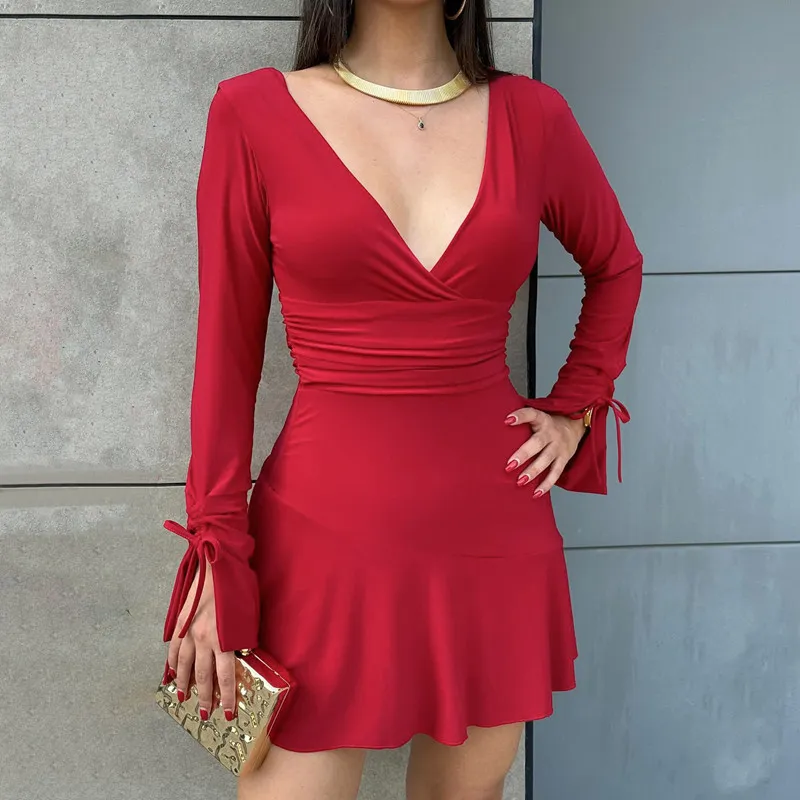 Valentine's Day Women's Solid-Color Deep V-Neck Long-Sleeve Drawstring Slim-Fit Dress - Red
