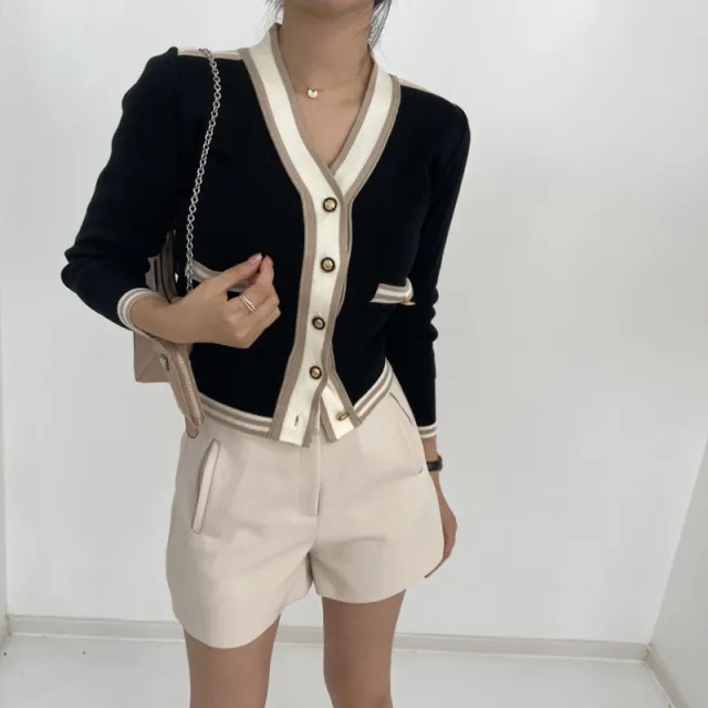 V neck Stitching Metal Button Long Sleeve Knitted Cardigan Sweater Black - Shop at LoveMi