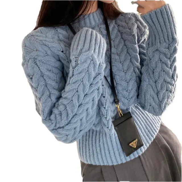 Retro Hemp Pattern O neck Short Base Pullover Long sleeved Sweater Blue - Shop at LoveMi