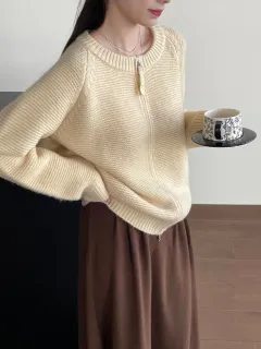 Sweater Double Zipper Sweater For Women Loose And Lazy Style Crew Neck Coat - Cream Apricot - View 1