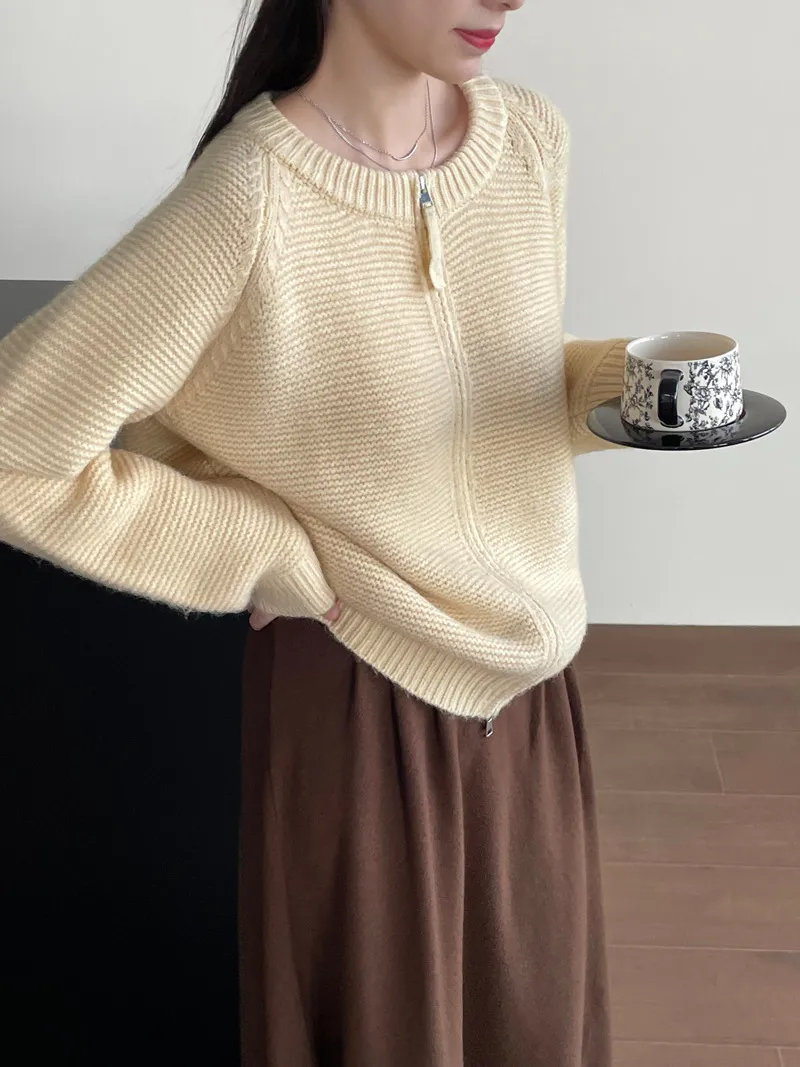 Sweater Double Zipper Sweater For Women Loose And Lazy Style Crew Neck Coat - Cream Apricot