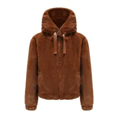 Plush Coat Hooded Long Sleeve Warm-keeping Cotton Clothing Short Top For Women - Brown - View 1