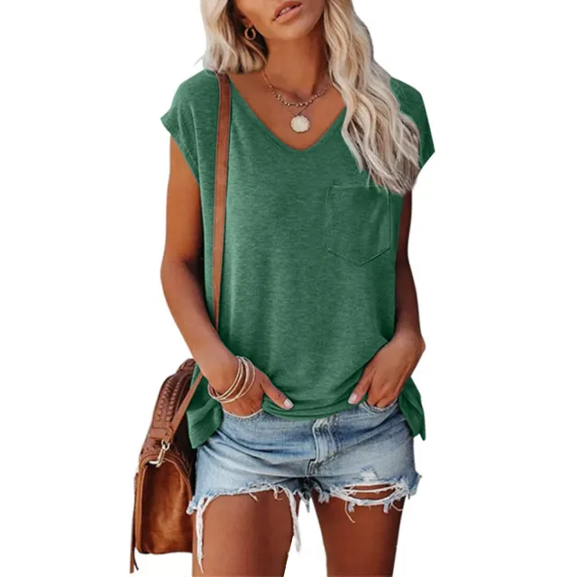 Women's Solid Color Vest Pocket V neck Short sleeved T shirt With Shoulder Dark Green - Shop at LoveMi