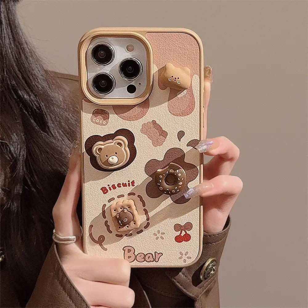 3D Cookie Bear Phone Case In Leather Style