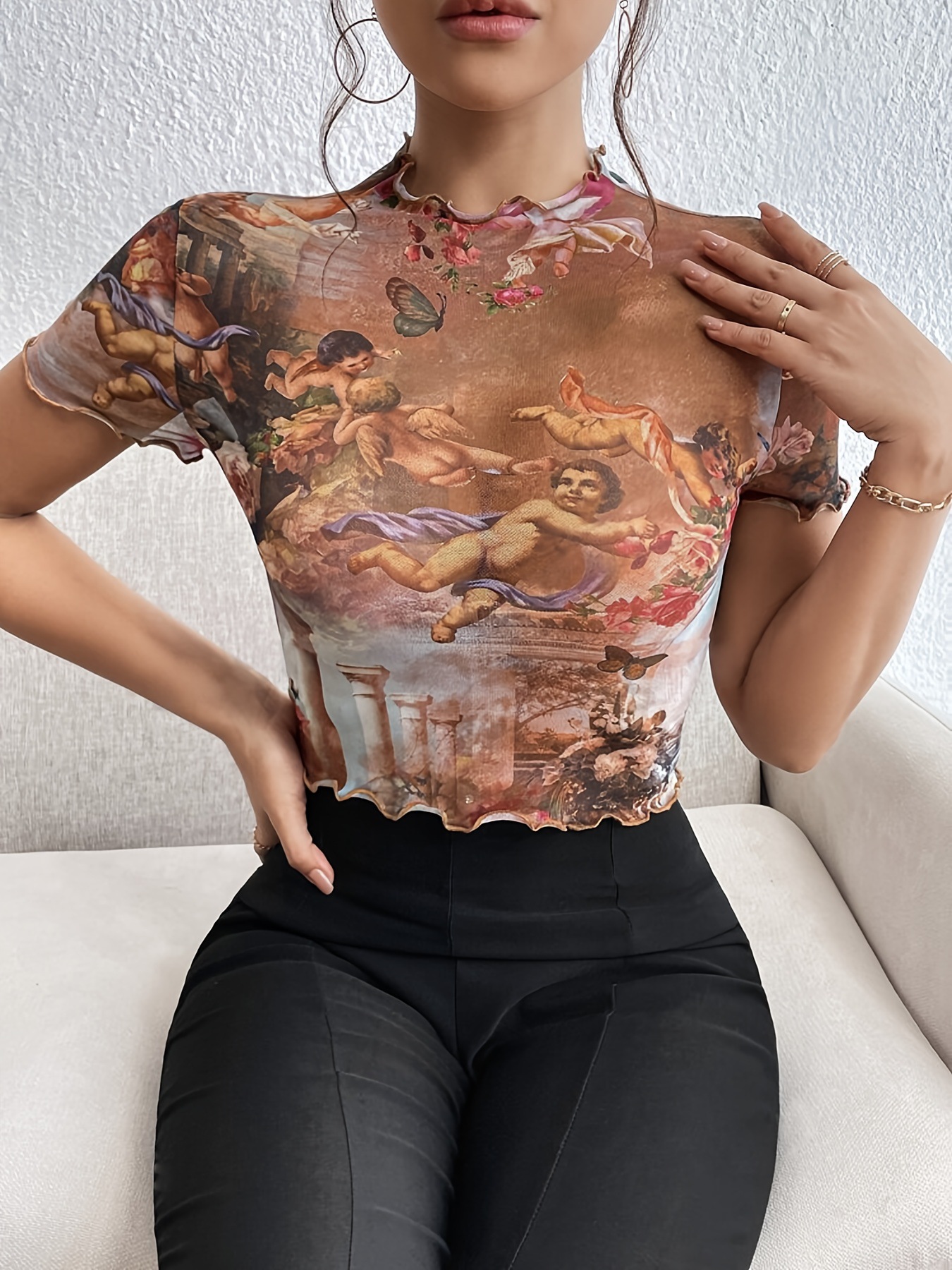 Elegant Mesh Floral Print Top Women's Clothing