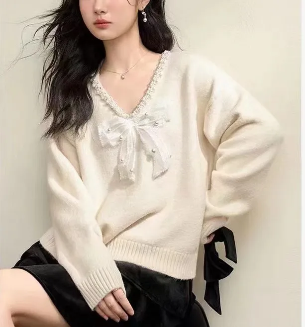 French Style Bow Pearl Collar Sweater Women's Top White - Shop at LoveMi