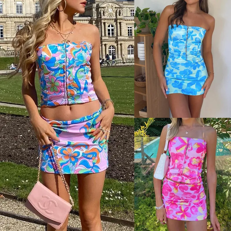 Women's Tube Top Short Type Flower Waist Top Hip Skirt Suit