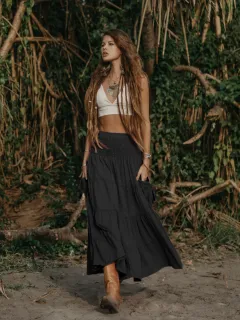 Casual Women Bohemian Loose Solid Skirt - Black - View 1