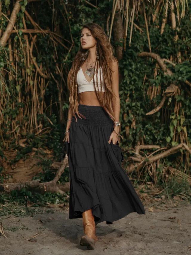 Casual Women Bohemian Loose Solid Skirt Black - Shop at LoveMi