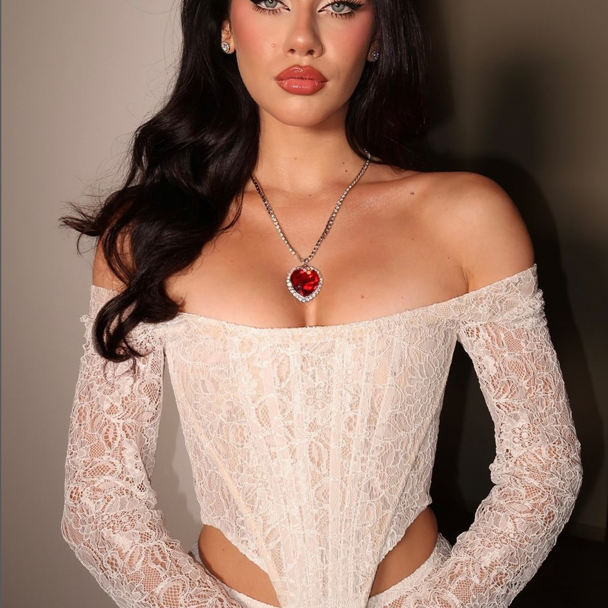 Lace Ribbon Long Sleeve Deep V Diamond Top For Women