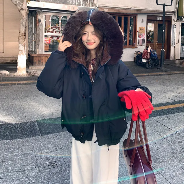 Big Fur Collar Hooded Horn Button Cotton padded Jacket Women's Casual Loose Blue - Shop at LoveMi