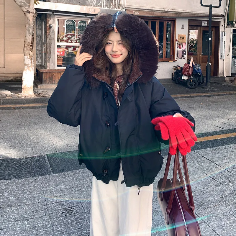 Big Fur Collar Hooded Horn Button Cotton-padded Jacket Women's Casual Loose - Blue