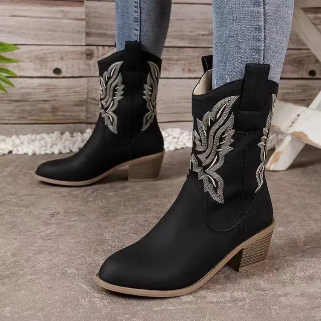 Fashion Chunky heeled Pointed Toe Boots Winter Ethnic Style Embroidered Mid Tube Western Shoes Women Red - Shop at LoveMi