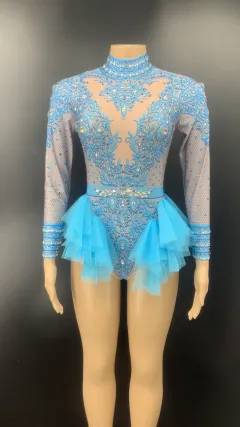 Dance Sexy Shiny Rhinestone Mesh Jumpsuit Stage Performance Costume Women - Peacock Blue - View 1