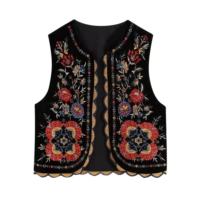 Cross border Fashion Women's Wear Spring Ethnic Style Sequined Embroidery Vest Jacket Black - Shop at LoveMi