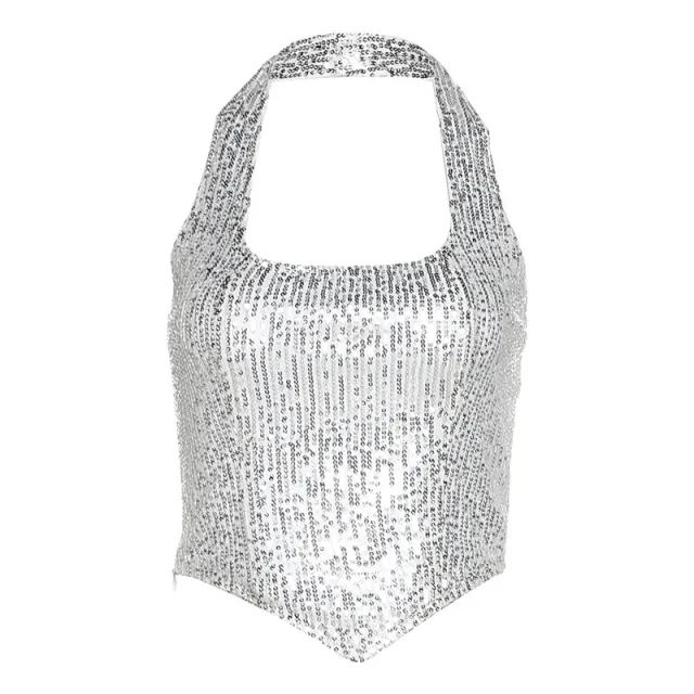 Women's Halter Backless Slim Fit All match Sequined Vest Silver - Shop at LoveMi