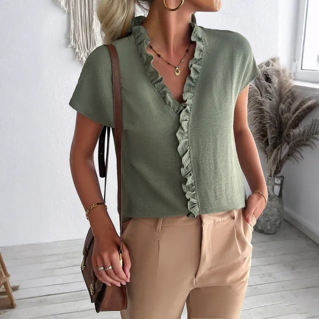 Casual Simple Stringy Selvedge Short Sleeve Women's Shirt Light Army Green - Shop at LoveMi