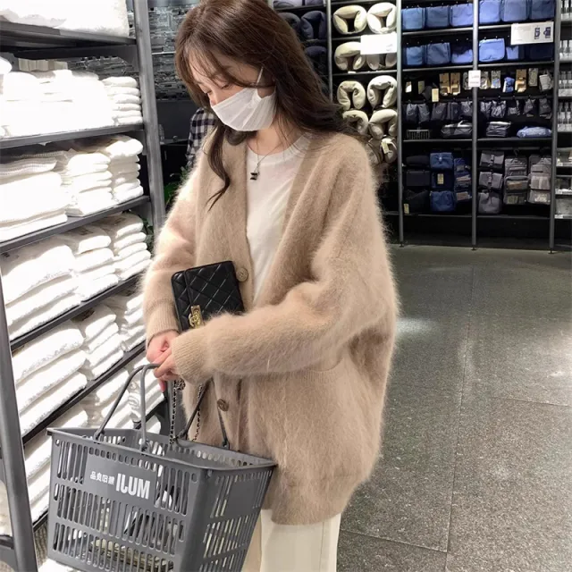 Women's Soft And Lazy V neck Knitted Jacket Khaki - Shop at LoveMi