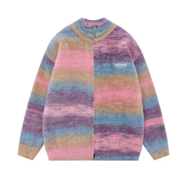 Casual Striped Two way Zipped Stand Collar Knitwear Jacket Gradually Varied Pink - Shop at LoveMi