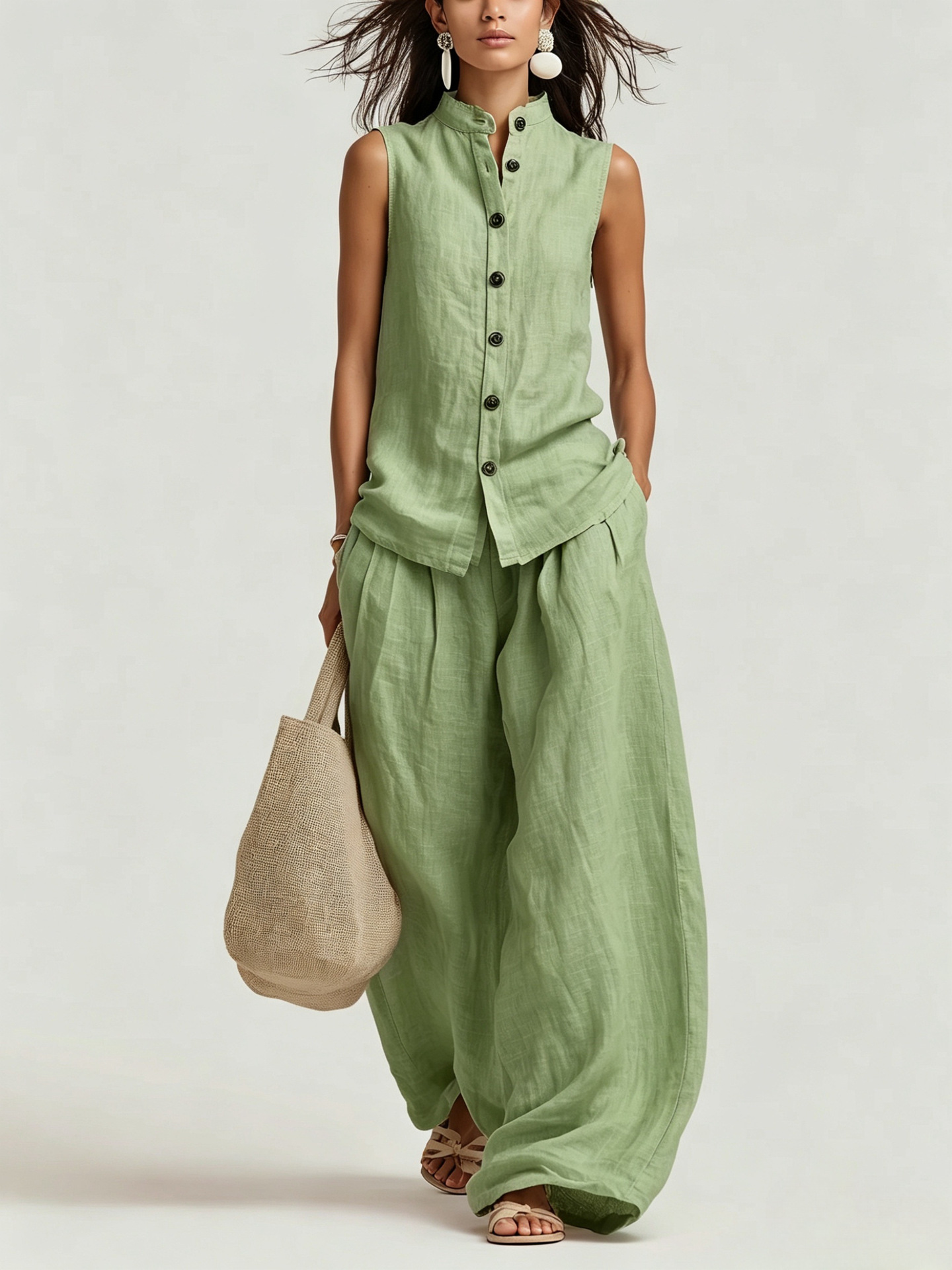 Women's cotton-linen two-piece set in light green, casual lifestyle photo showing relaxed coordinated look
