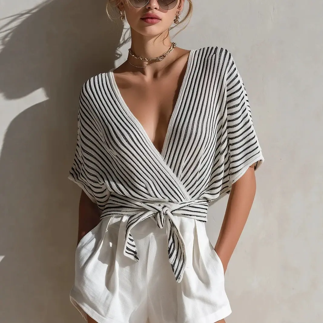 Black-and-white Contrast Deep-V Cross-tie Waist-cinching Slimming Cropped