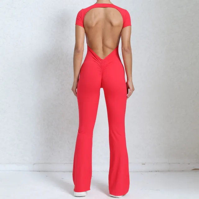 Bare Back Short Sleeve Nude Feel Yoga Outer Wear Fitness Sports Jumpsuit Red - Shop at LoveMi