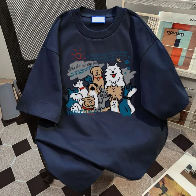 Womens Summer Short Sleeve Cotton T Shirt With Puppy Print Navy - Shop at LoveMi