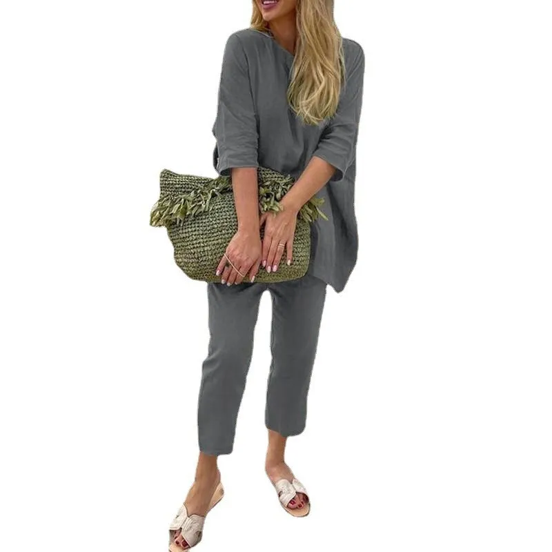 European And American Women's Clothing Loose Fashion Casual Solid Colour Cotton And Linen Two Suit - Grey