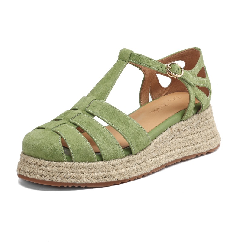 Straw-Woven Wedge-Heel Roman Sandals