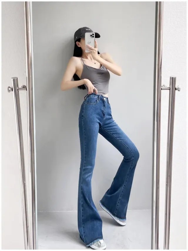 Autumn And Winter Fashion Small High Waist Raw Hem Jeans Retro Distressed Small Man Stretchy Wide leg Slim Flare Pants Dark Blue, Lengthened - Shop at LoveMi