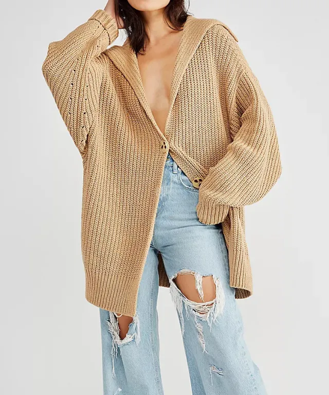 Women's Lapel Pocket Knitted Cardigan Button Mid length Coat Khaki - Shop at LoveMi