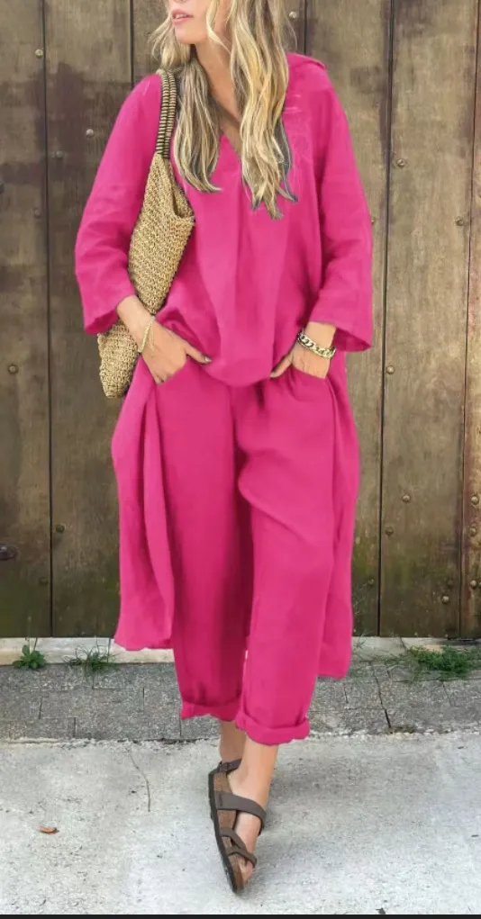 Long sleeved Suits Loose V neck Long Top And High Waist Wide Leg Pants With Pockets Women's Clothing Purple - Shop at LoveMi