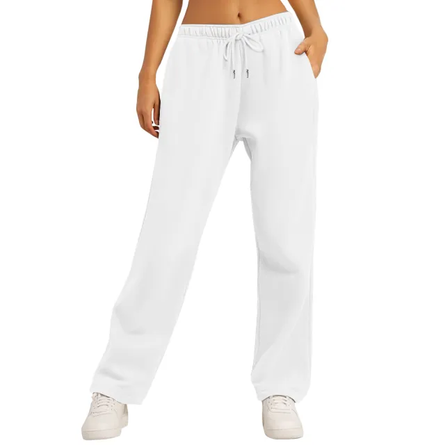 Same Style Solid Color Casual Loose Fleece lined Trousers White - Shop at LoveMi