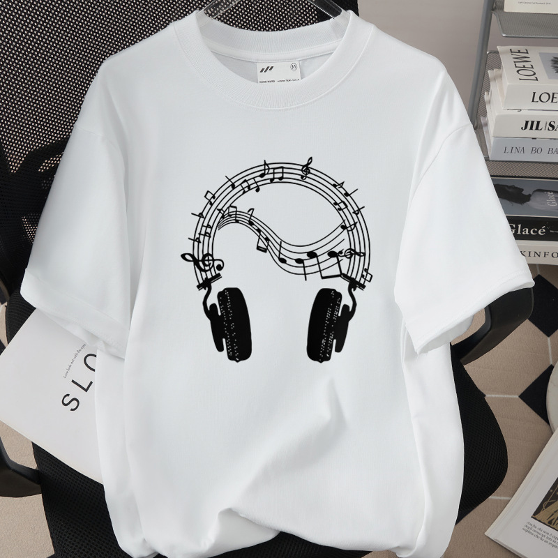 Music And Headphones Creative Print T-Shirt Loose Fit
