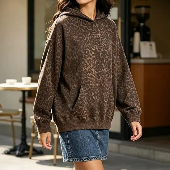 Retro Leopard-print All-over Print Hooded Sweatshirt Relaxed