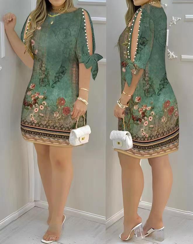 Chinese Retro National Style Printed Loose-fitting Casual Round-neck Pullover Dress