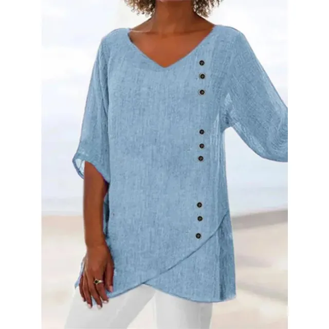 Blue Cotton Linen V neck T shirt Half Sleeve Shirt Loose Plus Size Women's Clothing Blue - Shop at LoveMi