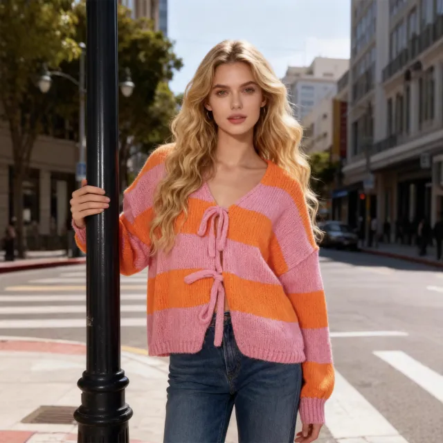Women's Color Block Striped Knit Cardigan Sweater Orange - Shop at LoveMi