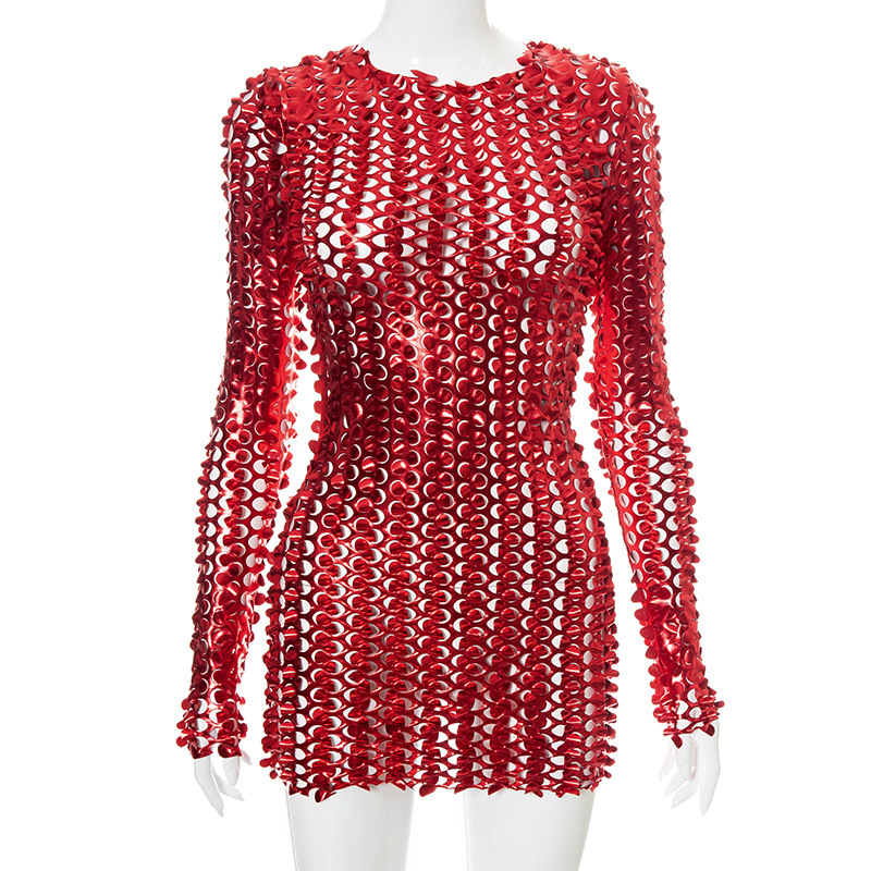 European And American Solid Color Hole Long Sleeve Narrow Ultra Short Dress